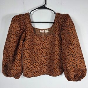 Levi­s Women­s Leopard Print Smocked Square Neck Puff Sleeve‎ Top L